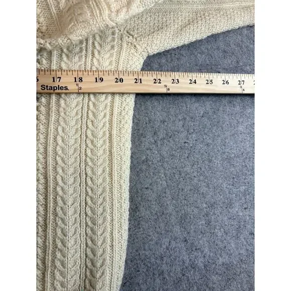 VINTAGE 70s Irish Cardigan Sweater Womens Large Cream Cable Knit Wool Fisherman - Picture 2 of 4